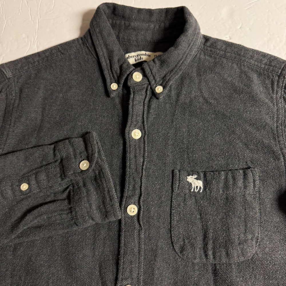 Abercrombie Kids Button Down Shirt Gray Moose Logo Long Sleeve Size 13/14